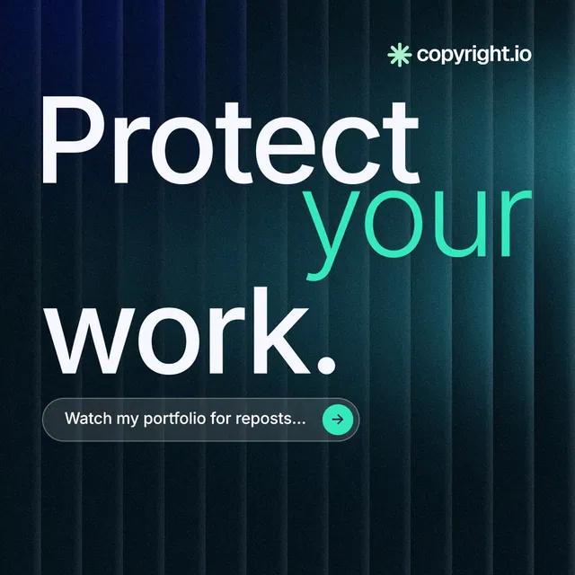 Instagram post for copyright.io: "Protect your work." Agentic glass style, stacked layout, dark palette in black, blue, teal.