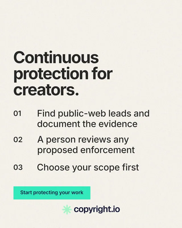 Instagram portrait post for copyright.io: "Continuous protection for creators." Swiss style, numbered layout, light palette in white, grey.