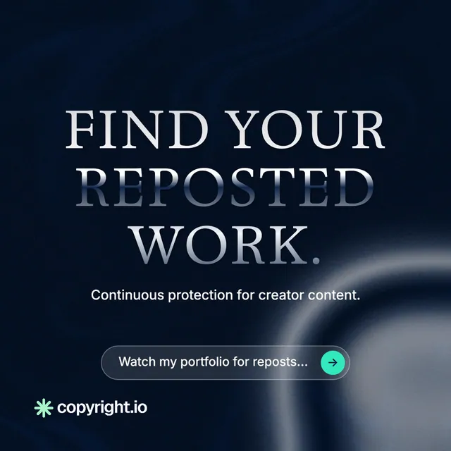 Instagram post for copyright.io: "Find your reposted work." Agentic glass style, centred layout, dark palette in black, blue, grey.