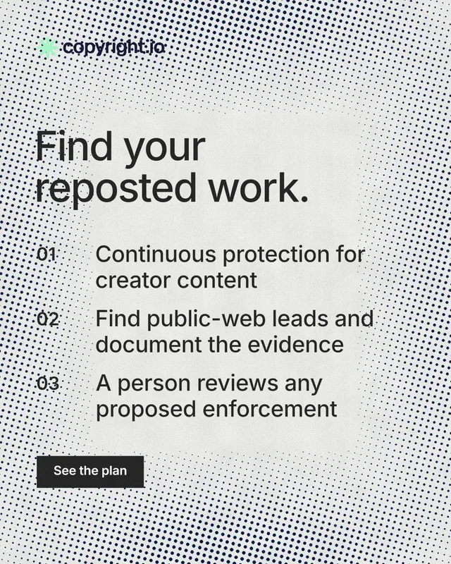 Instagram portrait post for copyright.io: "Find your reposted work." Retro print style, numbered layout, light palette in white, grey.