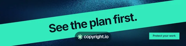 LinkedIn banner for copyright.io: "See the plan first." Swiss style, diagonal layout, light palette in teal, black, blue.