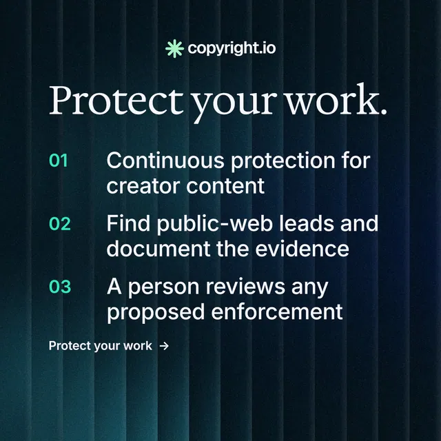 Instagram post for copyright.io: "Protect your work." Minimal luxury style, numbered layout, dark palette in black, blue, grey.