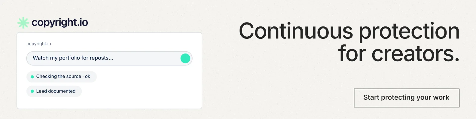 LinkedIn banner for copyright.io: "Continuous protection for creators." Editorial style, right layout, light palette in white, grey.