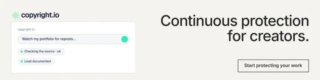 LinkedIn banner for copyright.io: "Continuous protection for creators." Editorial style, right layout, light palette in white, grey.