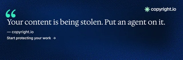X header for copyright.io: "Your content is being stolen." Minimal luxury style, quote layout, dark palette in blue, black.