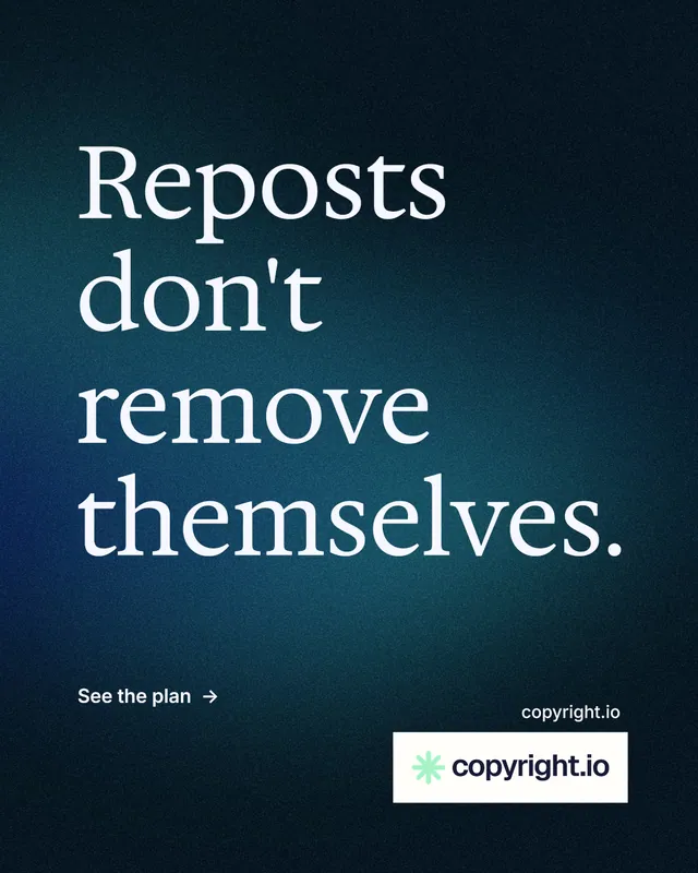 Instagram portrait post for copyright.io: "Reposts don't remove themselves." Minimal luxury style, poster layout, dark palette in blue, black.