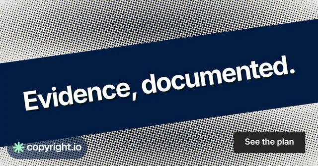 Social ad for copyright.io: "Evidence, documented." Swiss style, diagonal layout, dark palette in blue, grey.