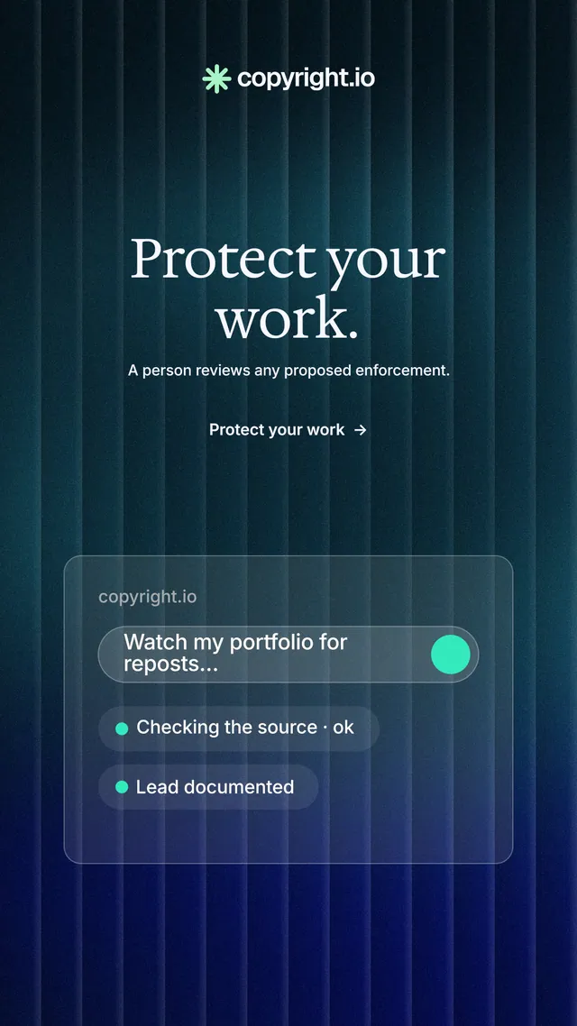 Instagram story for copyright.io: "Protect your work." Minimal luxury style, centred layout, dark palette in blue.