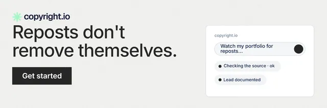 X header for copyright.io: "Reposts don't remove themselves." Swiss style, skeleton layout, light palette in white, grey.