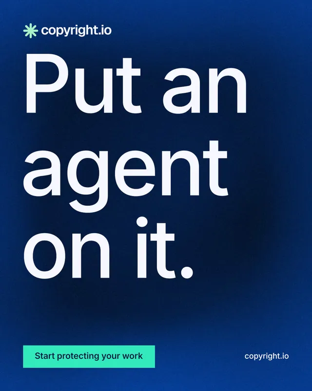 Instagram portrait post for copyright.io: "Put an agent on it." Swiss style, poster layout, dark palette in blue, teal.