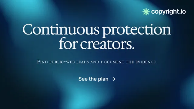 Landscape graphic for copyright.io: "Continuous protection for creators." Swiss style, smallcaps layout, dark palette in blue, black.