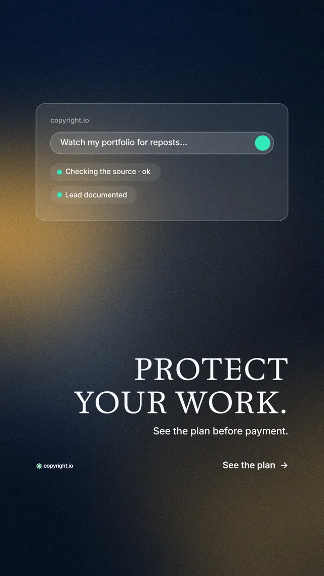 Instagram story for copyright.io: "Protect your work." Minimal luxury style, right layout, dark palette in black, blue, grey.