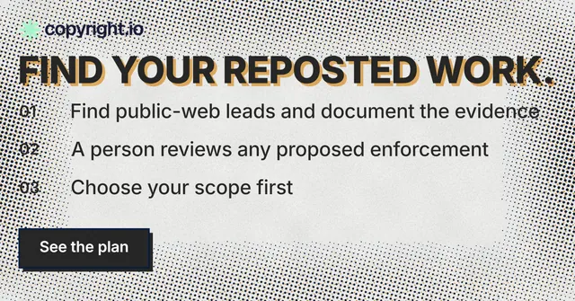 Social ad for copyright.io: "Find your reposted work." Brutalist style, numbered layout, light palette in grey, white.