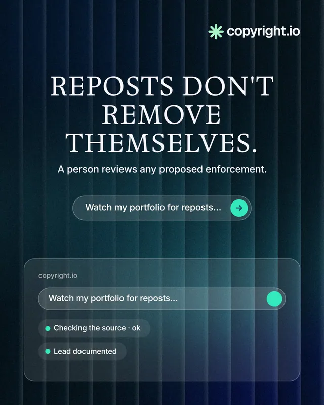 Instagram portrait post for copyright.io: "Reposts don't remove themselves." Agentic glass style, centred layout, dark palette in blue, black.