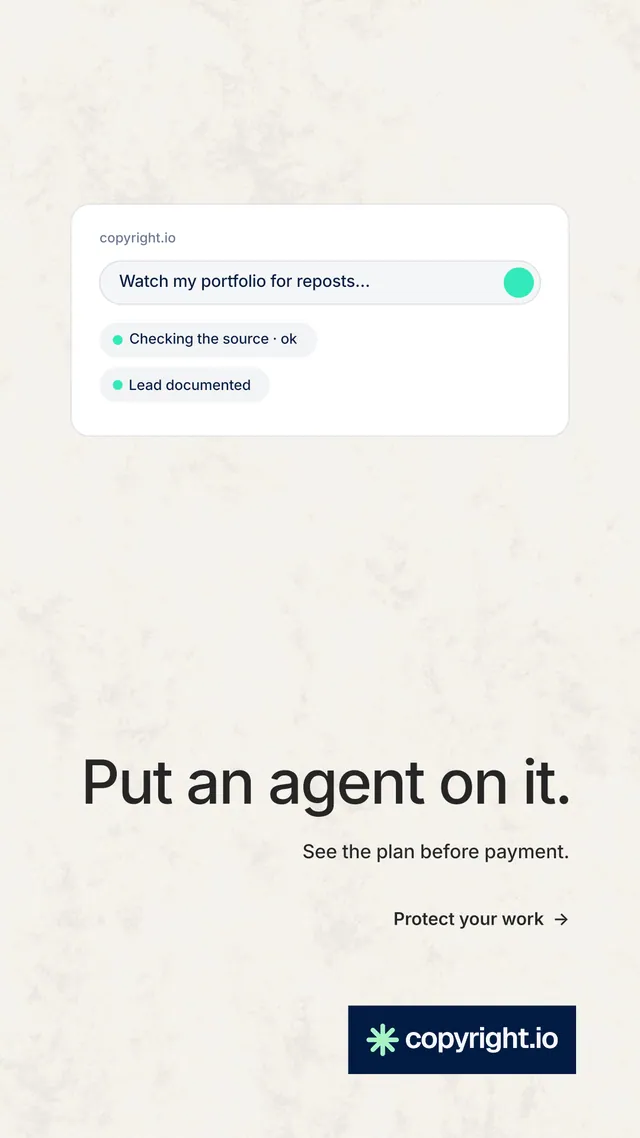 Instagram story for copyright.io: "Put an agent on it." Minimal luxury style, right layout, light palette in white, grey.