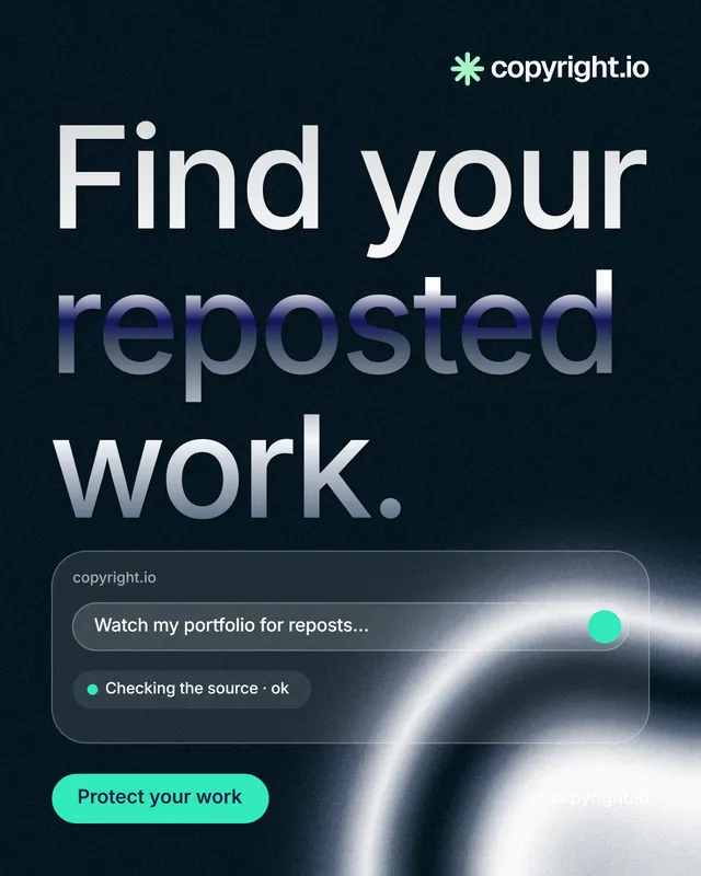 Instagram portrait post for copyright.io: "Find your reposted work." Y2K style, poster layout, dark palette in blue, black, grey.