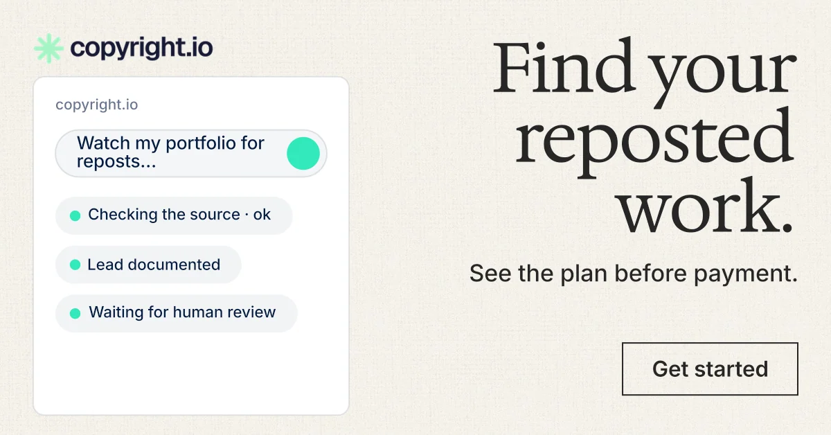 Social ad for copyright.io: "Find your reposted work." Editorial style, right layout, light palette in white, grey.
