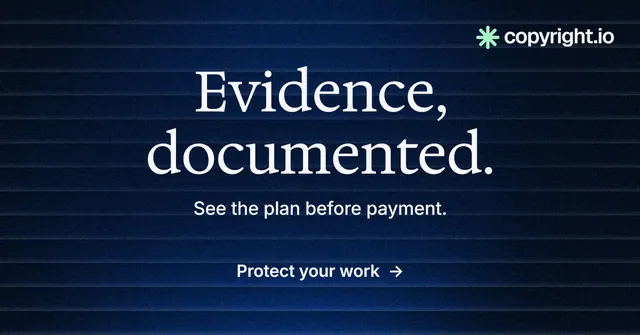 Social ad for copyright.io: "Evidence, documented." Minimal luxury style, centred layout, dark palette in black, blue.