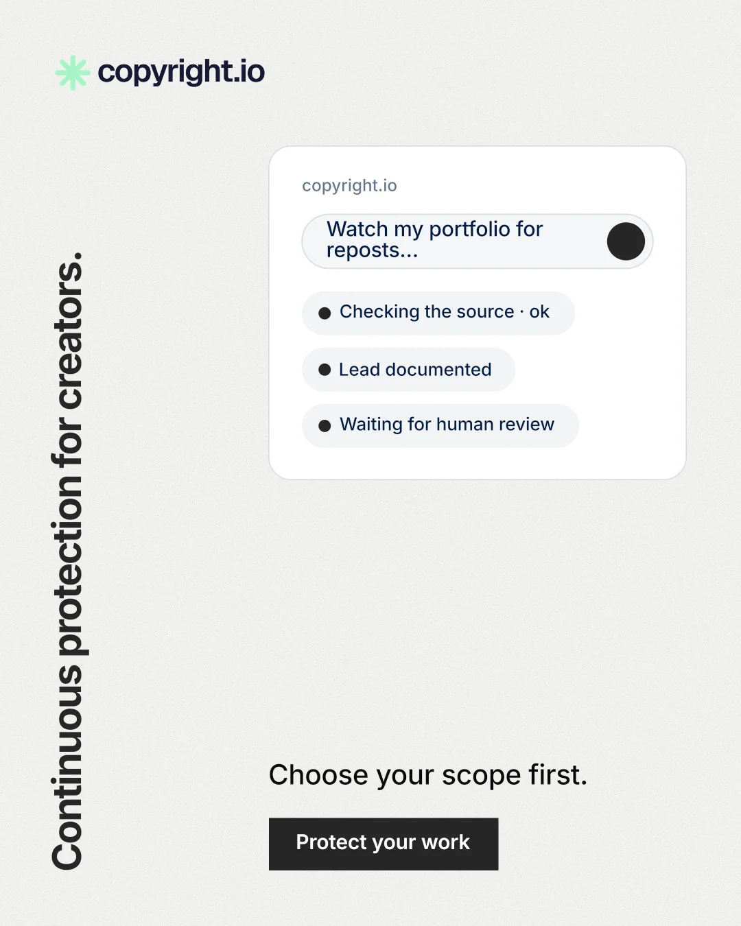 Instagram portrait post for copyright.io: "Continuous protection for creators." Swiss style, vertical layout, light palette in white.