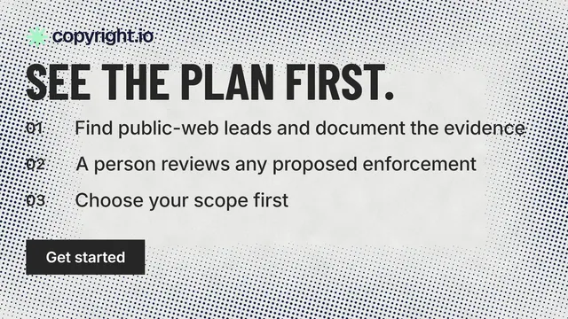 Landscape graphic for copyright.io: "See the plan first." Retro print style, numbered layout, light palette in white, grey.