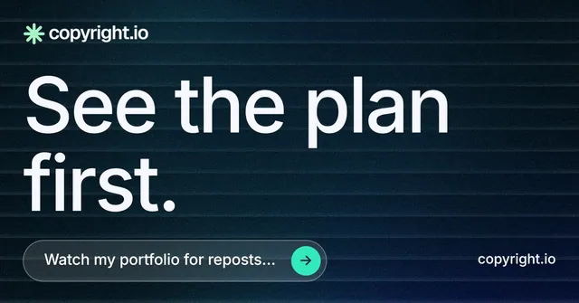 Social ad for copyright.io: "See the plan first." Agentic glass style, poster layout, dark palette in blue, black, grey.