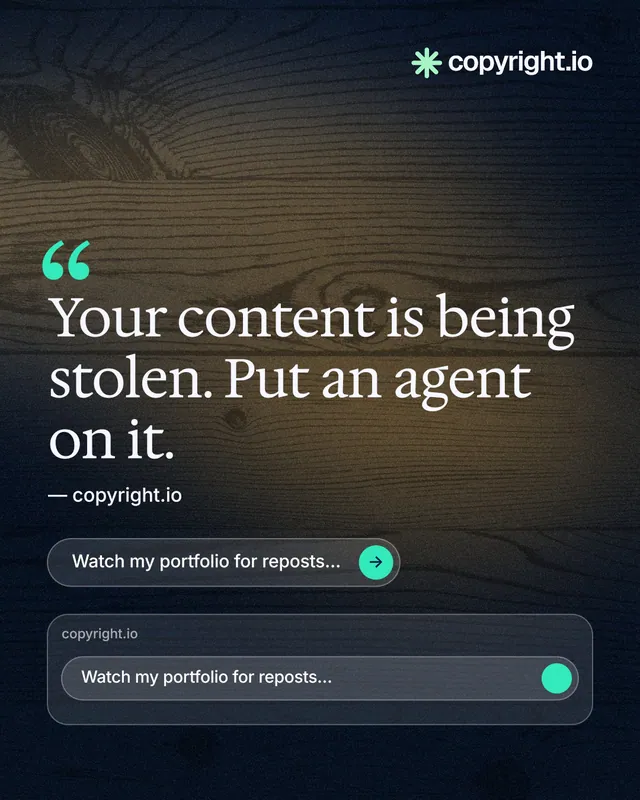 Instagram portrait post for copyright.io: "Find your reposted work." Agentic glass style, quote layout, dark palette in black, grey.