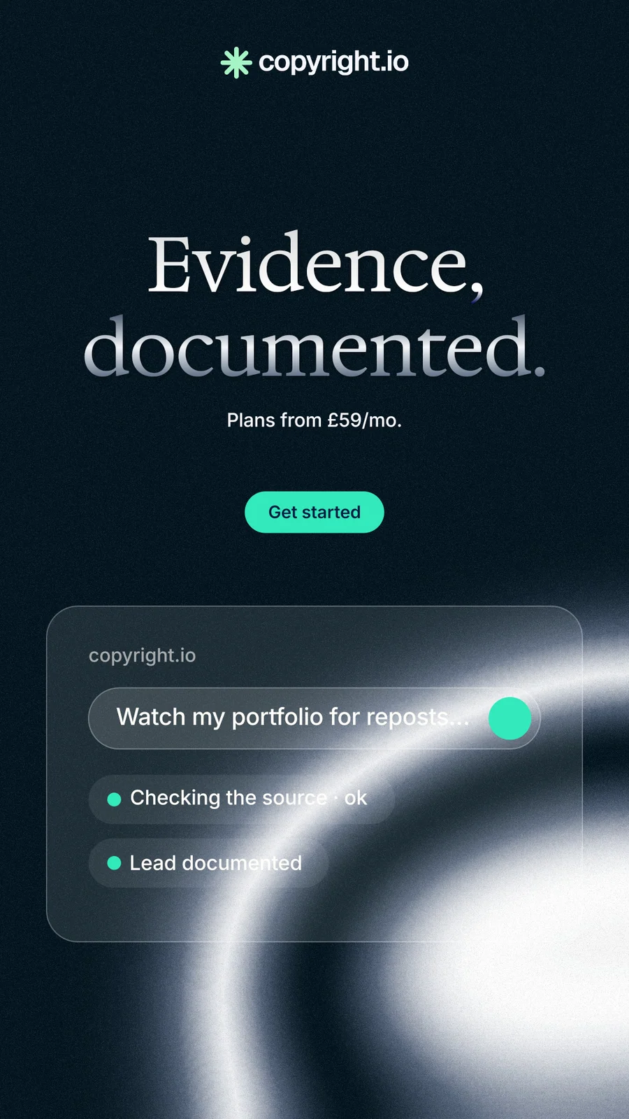 Instagram story for copyright.io: "Evidence, documented." Y2K style, centred layout, dark palette in blue, black, grey.