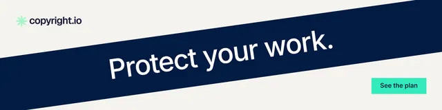 LinkedIn banner for copyright.io: "Protect your work." Swiss style, diagonal layout, light palette in white, blue.