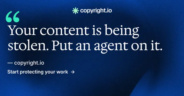 Social ad for copyright.io: "Put an agent on it." Minimal luxury style, quote layout, dark palette in blue, black.