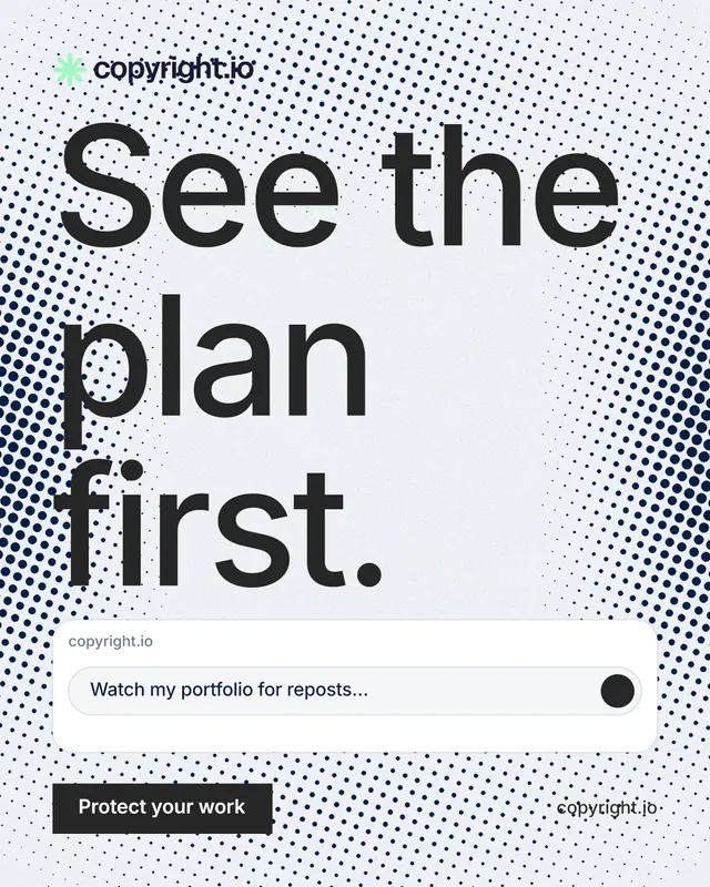 Instagram portrait post for copyright.io: "See the plan first." Swiss style, poster layout, light palette in white, grey.