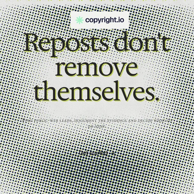 Instagram post for copyright.io: "Reposts don't remove themselves." Swiss style, smallcaps layout, light palette in grey, white.