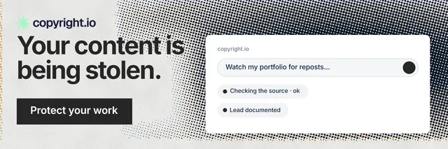 X header for copyright.io: "Your content is being stolen." Swiss style, skeleton layout, light palette in white, grey.