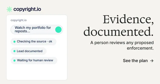 Social ad for copyright.io: "Evidence, documented." Minimal luxury style, right layout, light palette in white, grey.