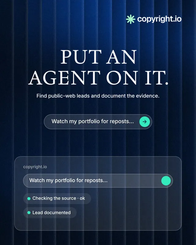 Instagram portrait post for copyright.io: "Put an agent on it." Agentic glass style, centred layout, dark palette in blue, black.