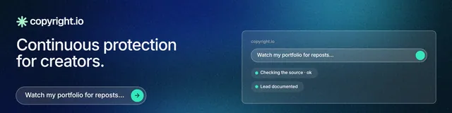 LinkedIn banner for copyright.io: "Continuous protection for creators." Agentic glass style, bottom layout, dark palette in blue.