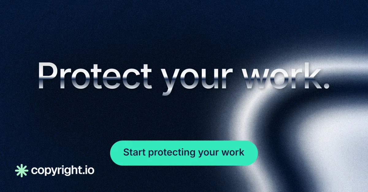 Social ad for copyright.io: "Protect your work." Y2K style, centred layout, dark palette in black, teal, blue.