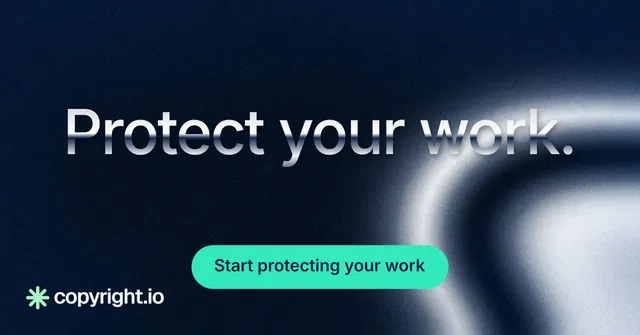 Social ad for copyright.io: "Protect your work." Y2K style, centred layout, dark palette in black, teal, blue.