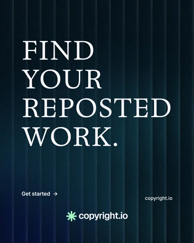 Instagram portrait post for copyright.io: "Find your reposted work." Minimal luxury style, poster layout, dark palette in black, blue, grey.