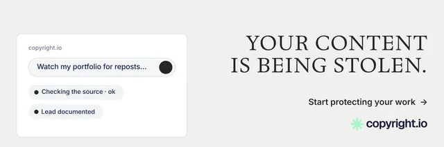 X header for copyright.io: "Your content is being stolen." Minimal luxury style, right layout, light palette in white.