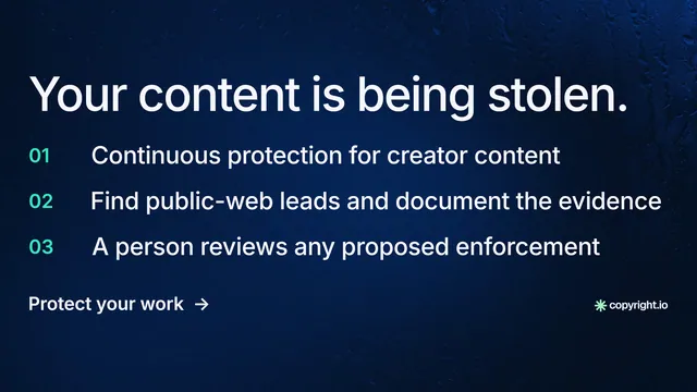 Landscape graphic for copyright.io: "Your content is being stolen." Minimal luxury style, numbered layout, dark palette in blue, black, grey.