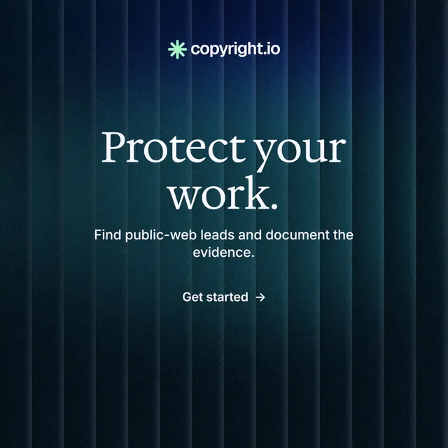 Instagram post for copyright.io: "Protect your work." Minimal luxury style, centred layout, dark palette in blue, black.