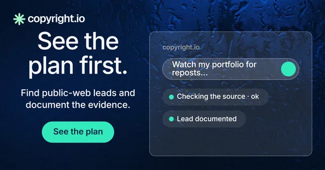 Social ad for copyright.io: "See the plan first." Agentic glass style, skeleton layout, dark palette in blue, black, teal.