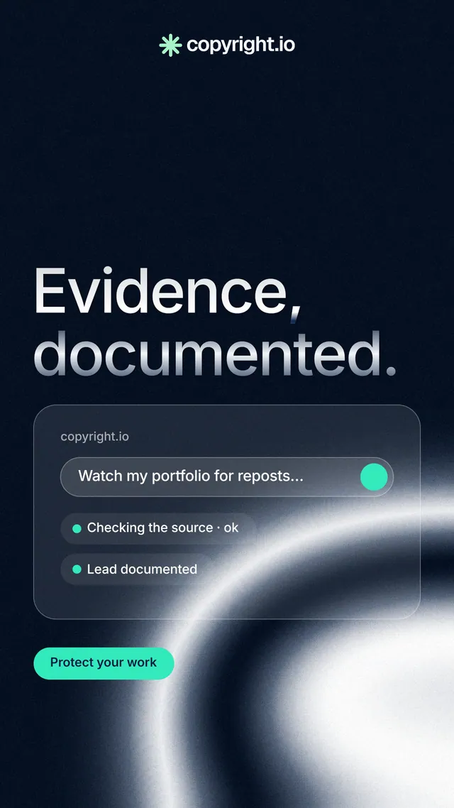 Instagram story for copyright.io: "Evidence, documented." Y2K style, poster layout, dark palette in black, blue, grey.