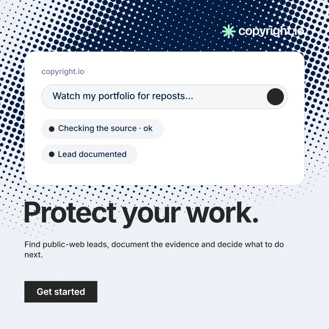 Instagram post for copyright.io: "Protect your work." Swiss style, bottom layout, light palette in white, grey.