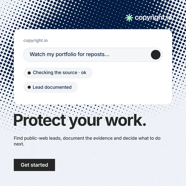 Instagram post for copyright.io: "Protect your work." Swiss style, bottom layout, light palette in white, grey.