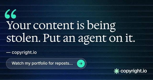 Social ad for copyright.io: "Protect your work." Agentic glass style, quote layout, dark palette in blue, black.