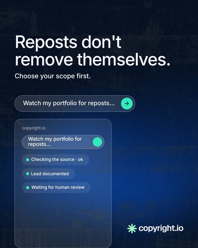 Instagram portrait post for copyright.io: "Reposts don't remove themselves." Agentic glass style, skeleton layout, dark palette in blue, black.