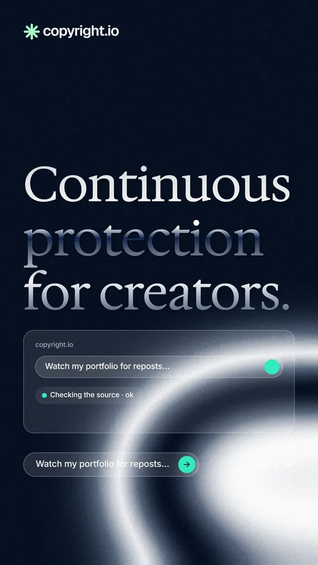 Instagram story for copyright.io: "Continuous protection for creators." Agentic glass style, poster layout, dark palette in black, blue, grey.