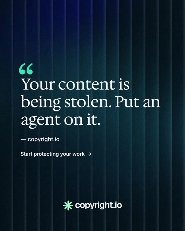 Instagram portrait post for copyright.io: "Protect your work." Minimal luxury style, quote layout, dark palette in black, blue.