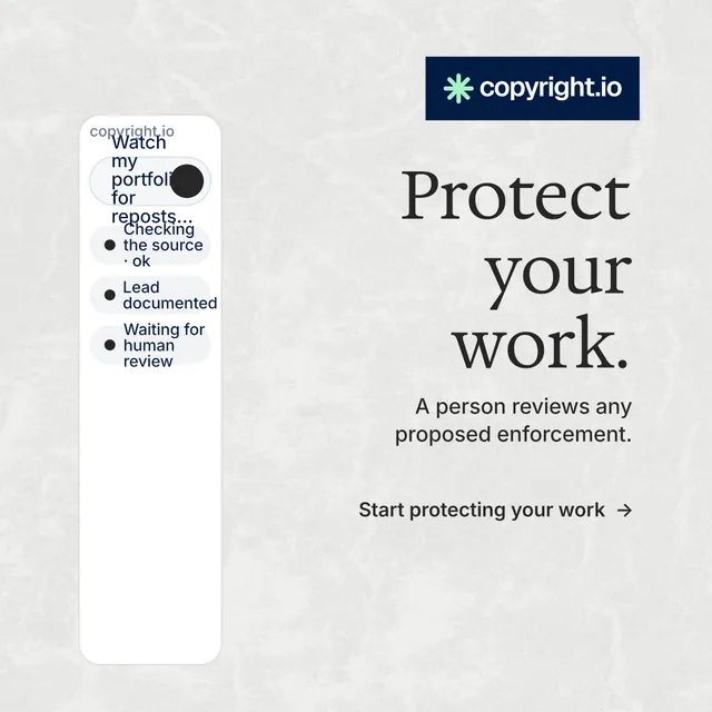 Instagram post for copyright.io: "Protect your work." Minimal luxury style, right layout, light palette in white, grey.